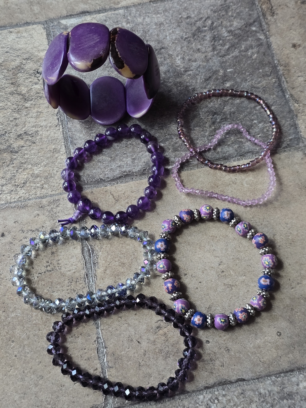 Purple Beaded & Shell Stretch Bracelet Set - Women Jewelry